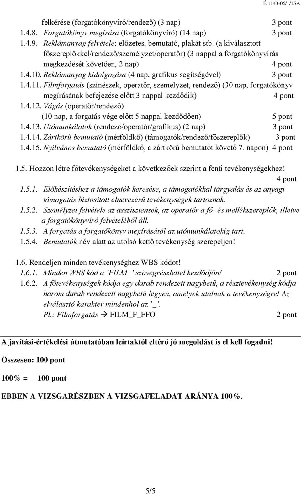 Filmforgatás (színészek, operatőr, személyzet, rendező) (30 nap, forgatókönyv megírásának befejezése előtt 3 nappal kezdődik) 1.4.12.