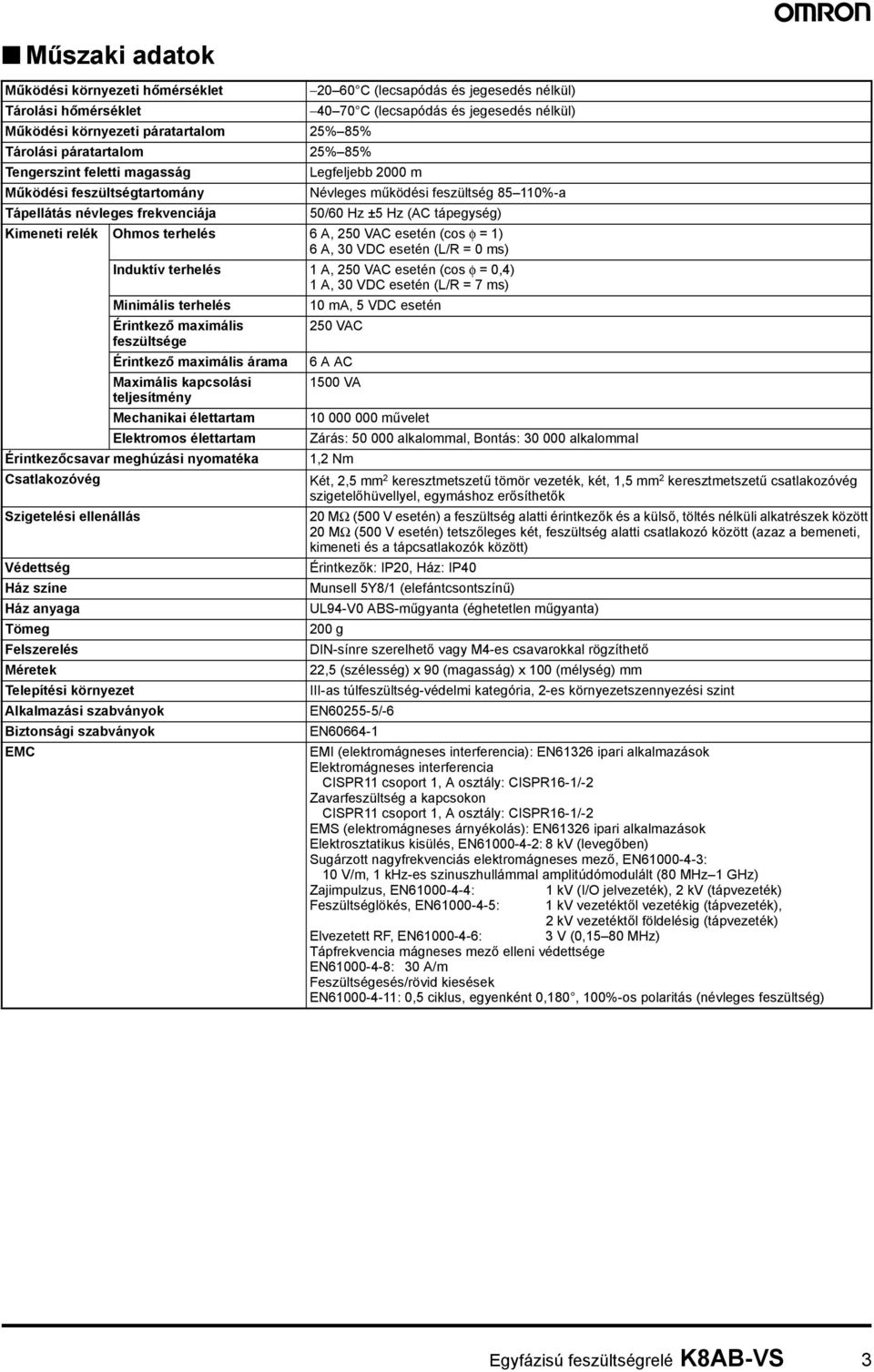 Kimeneti relék Ohmos terhelés 6 A, 250 VAC esetén (cos φ = 1) 6 A, 30 VDC esetén (L/R = 0 ms) Induktív terhelés 1 A, 250 VAC esetén (cos φ = 0,4) 1 A, 30 VDC esetén (L/R = 7 ms) Minimális terhelés 10