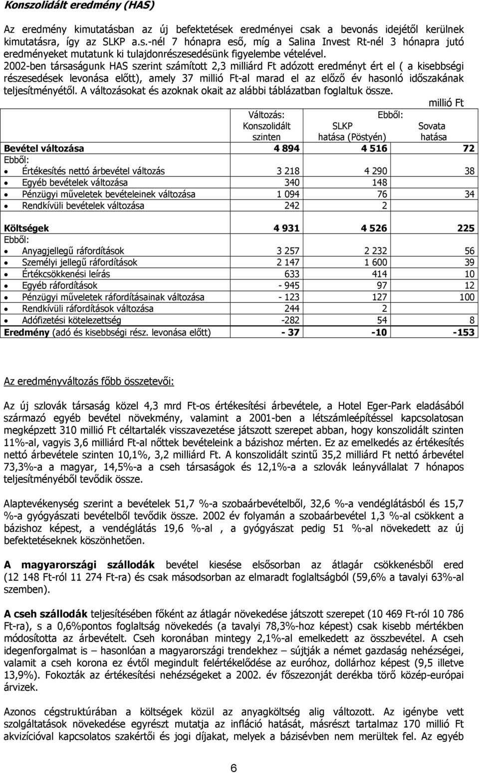 teljesítményétől. A változásokat és azoknak okait az alábbi táblázatban foglaltuk össze.