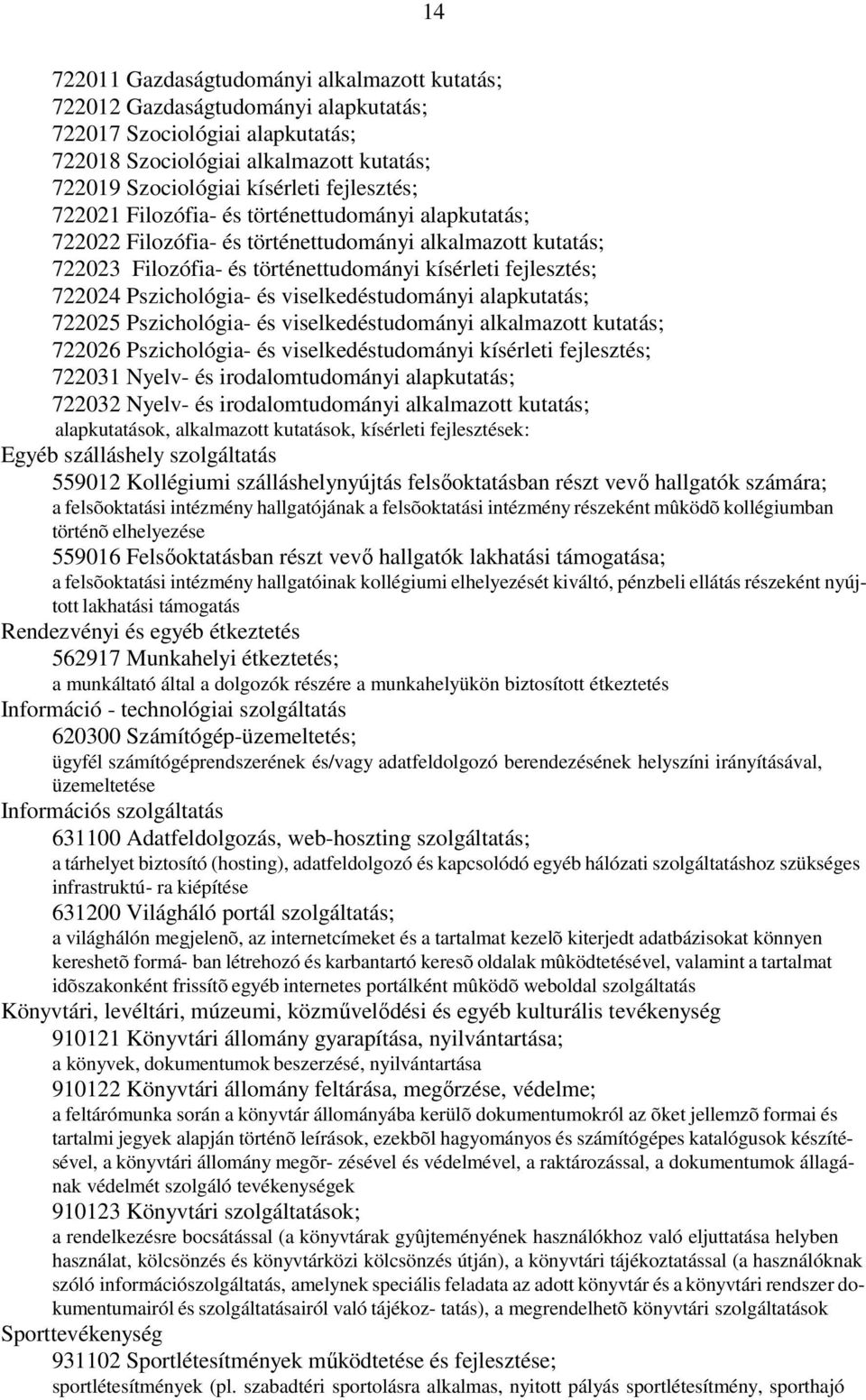 Pszichológia- és viselkedéstudományi alapkutatás; 722025 Pszichológia- és viselkedéstudományi alkalmazott kutatás; 722026 Pszichológia- és viselkedéstudományi kísérleti fejlesztés; 722031 Nyelv- és