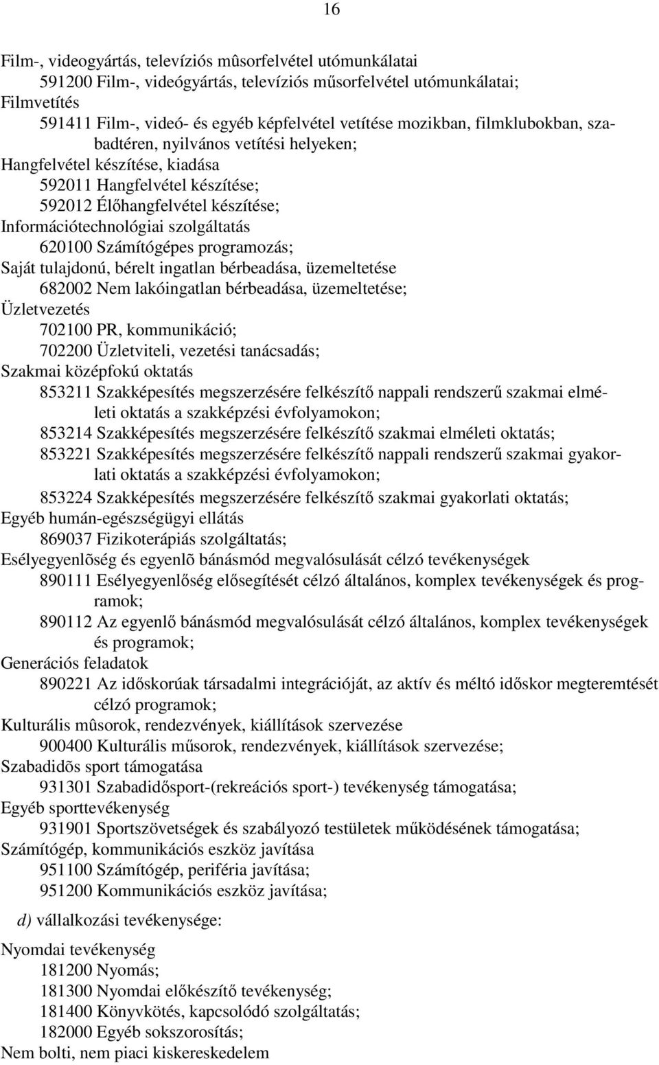 620100 Számítógépes programozás; Saját tulajdonú, bérelt ingatlan bérbeadása, üzemeltetése 682002 Nem lakóingatlan bérbeadása, üzemeltetése; Üzletvezetés 702100 PR, kommunikáció; 702200 Üzletviteli,