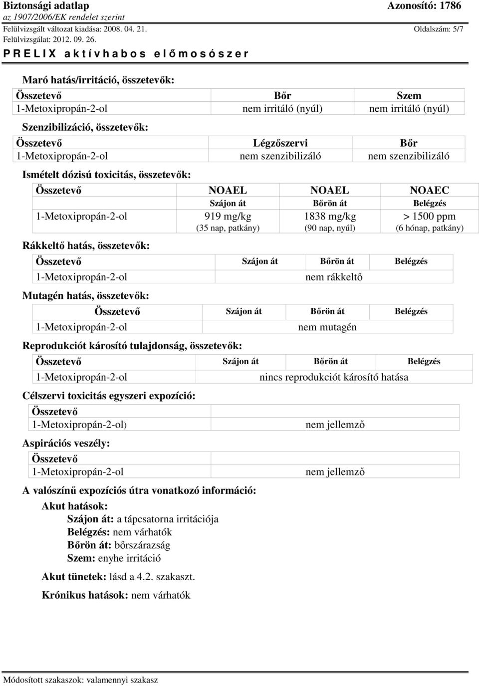 szenzibilizáló Ismételt dózisú toxicitás, összetevők: Összetevő NOAEL NOAEL NOAEC Szájon át Bőrön át Belégzés Rákkeltő hatás, összetevők: 919 mg/kg (35 nap, patkány) 1838 mg/kg (90 nap, nyúl)