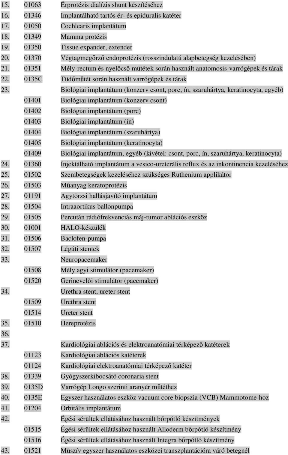 01351 Mély-rectum és nyelıcsı mőtétek során használt anatomosis-varrógépek és tárak 22. 0135C Tüdımőtét során használt varrógépek és tárak 23.