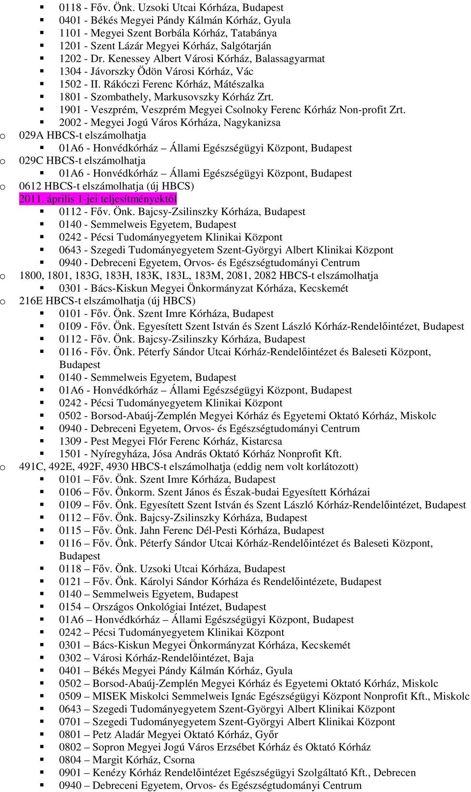 Kenessey Albert Városi Kórház, Balassagyarmat 1304 - Jávorszky Ödön Városi Kórház, Vác 1502 - II. Rákóczi Ferenc Kórház, Mátészalka 1801 - Szombathely, Markusovszky Kórház Zrt.