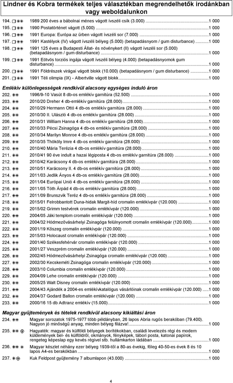 1991 125 éves a Budapesti Állat- és növénykert (II) vágott ívszéli sor (5.000) (betapadásnyom / gum disturbance)...1 000 199. 1991 Eötvös torziós ingája vágott ívszéli bélyeg (4.