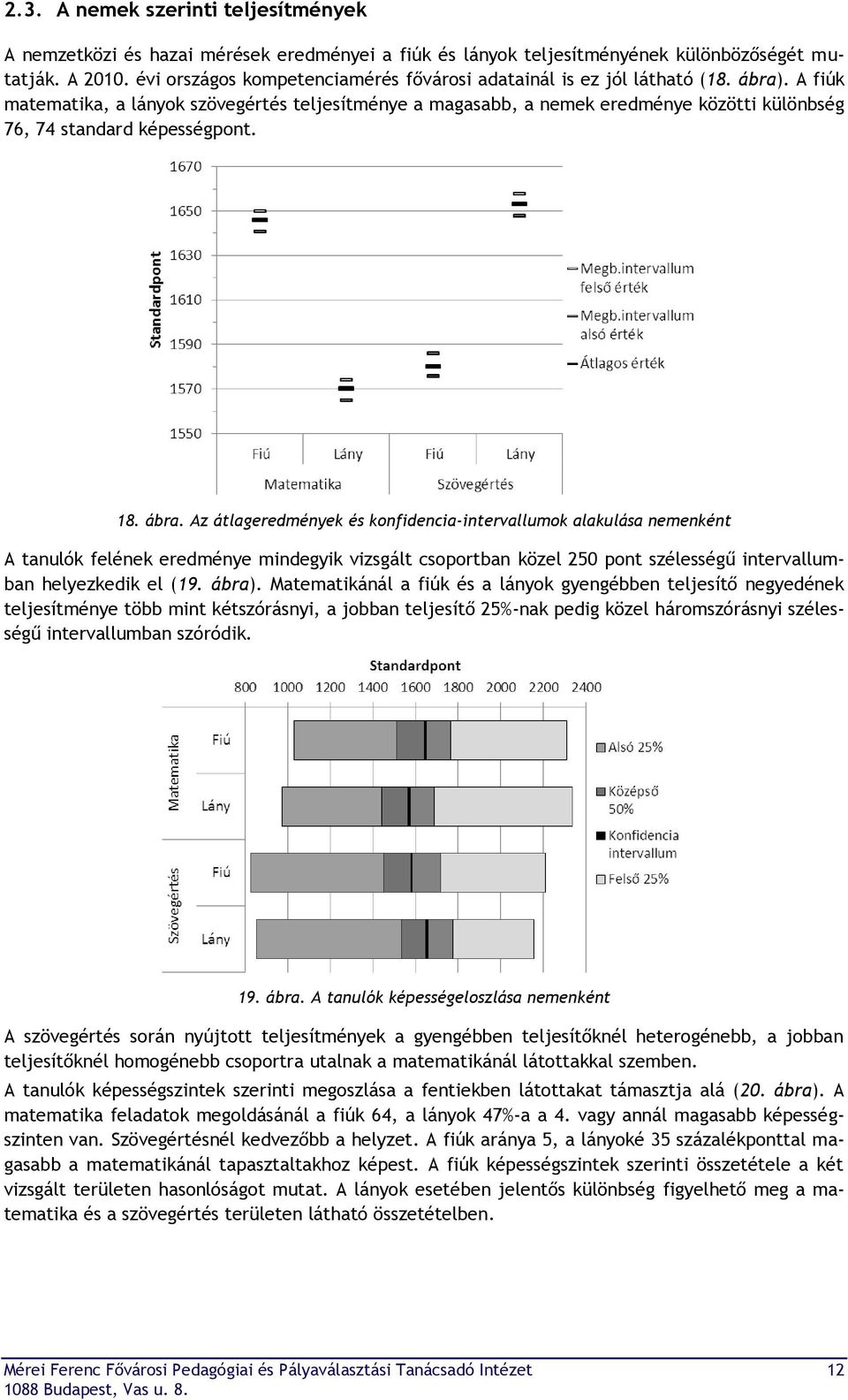 A fiúk matematika, a lányok szövegértés teljesítménye a magasabb, a nemek eredménye közötti különbség 76, 74 standard képességpont. 18. ábra.