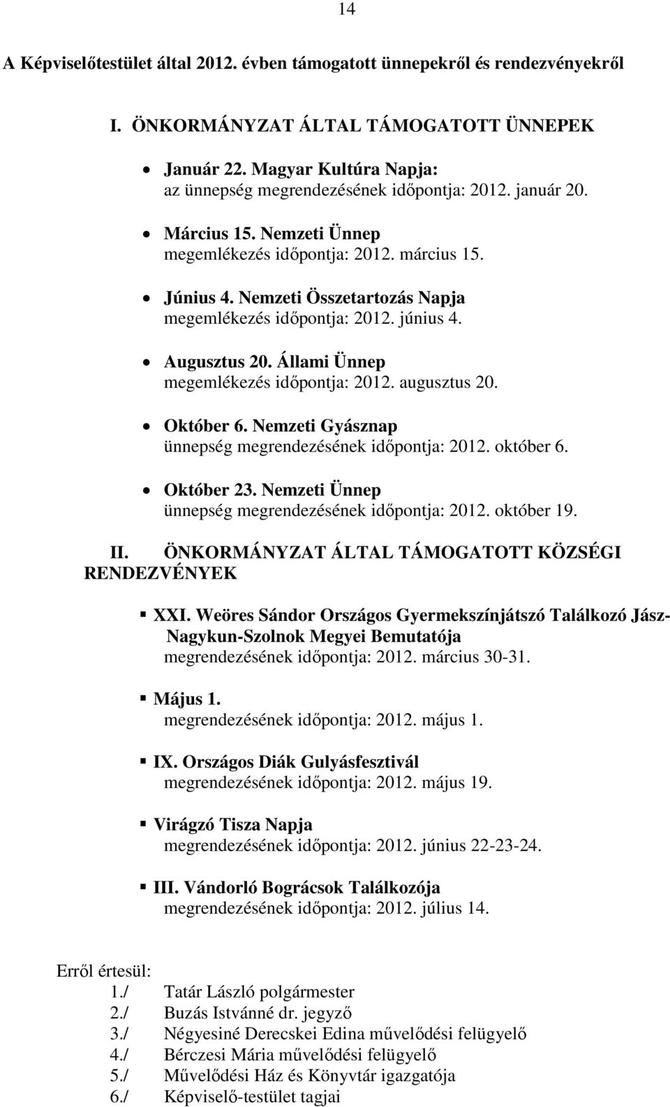 Állami Ünnep megemlékezés időpontja: 2012. augusztus 20. Október 6. Nemzeti Gyásznap ünnepség megrendezésének időpontja: 2012. október 6. Október 23.