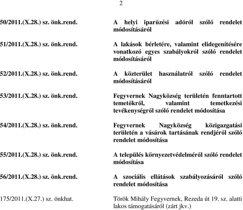 (X.28.) sz. önk.rend. Fegyvernek Nagyközség közigazgatási területén a vásárok tartásának rendjéről szóló rendelet módosítása 55/2011.(X.28.) sz. önk.rend. A település környezetvédelméről szóló rendelet módosítása 56/2011.