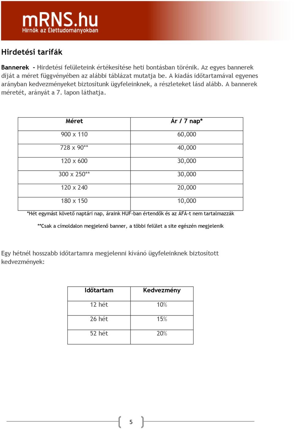 Méret Ár / 7 nap* 900 x 110 60,000 728 x 90** 40,000 120 x 600 30,000 300 x 250** 30,000 120 x 240 20,000 180 x 150 10,000 *Hét egymást követő naptári nap, áraink HUF-ban értendők és az