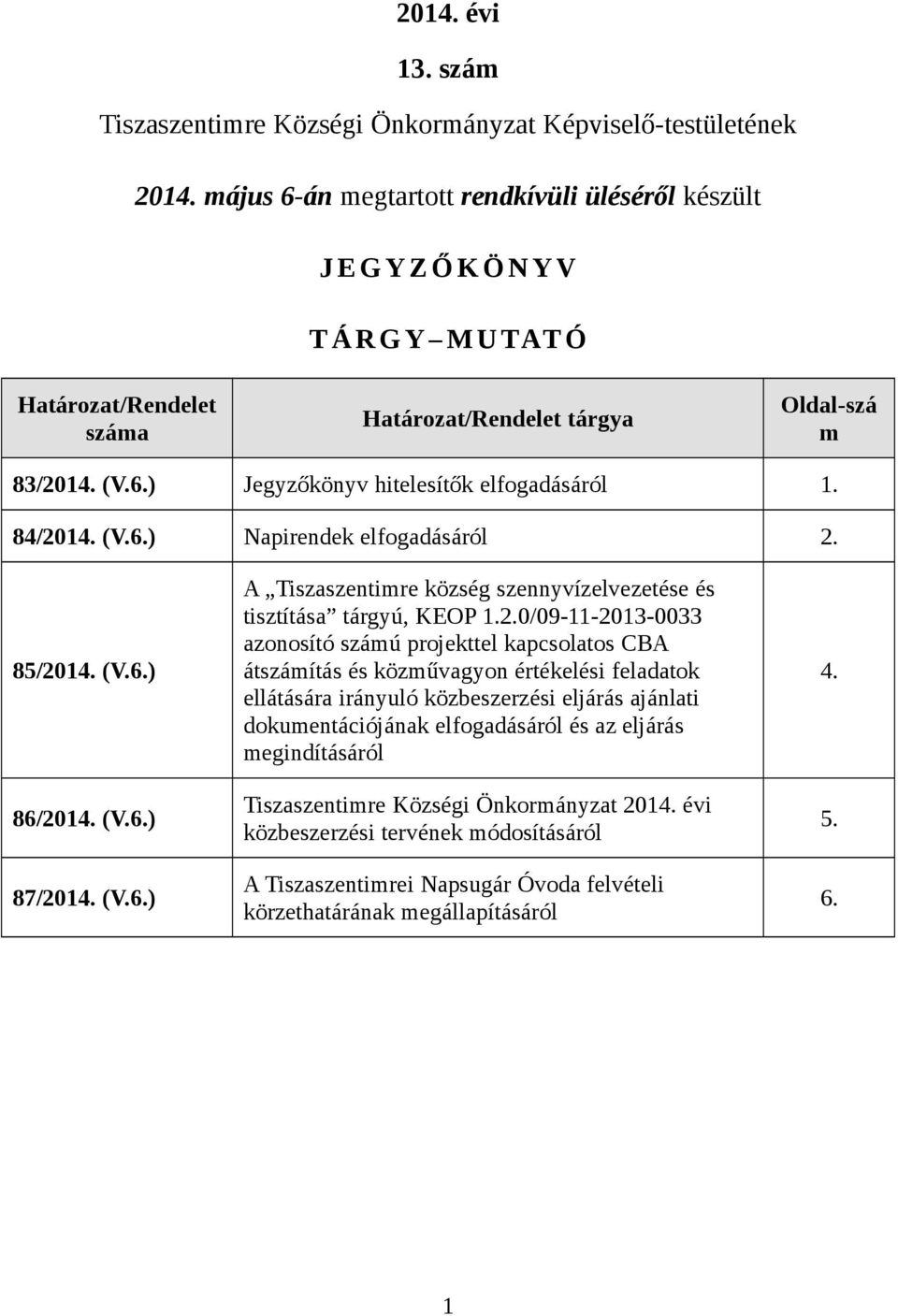 84/2014. (V.6.) Napirendek elfogadásáról 2. 85/2014. (V.6.) 86/2014. (V.6.) 87/2014. (V.6.) A Tiszaszentimre község szennyvízelvezetése és tisztítása tárgyú, KEOP 1.2.0/09-11-2013-0033 azonosító