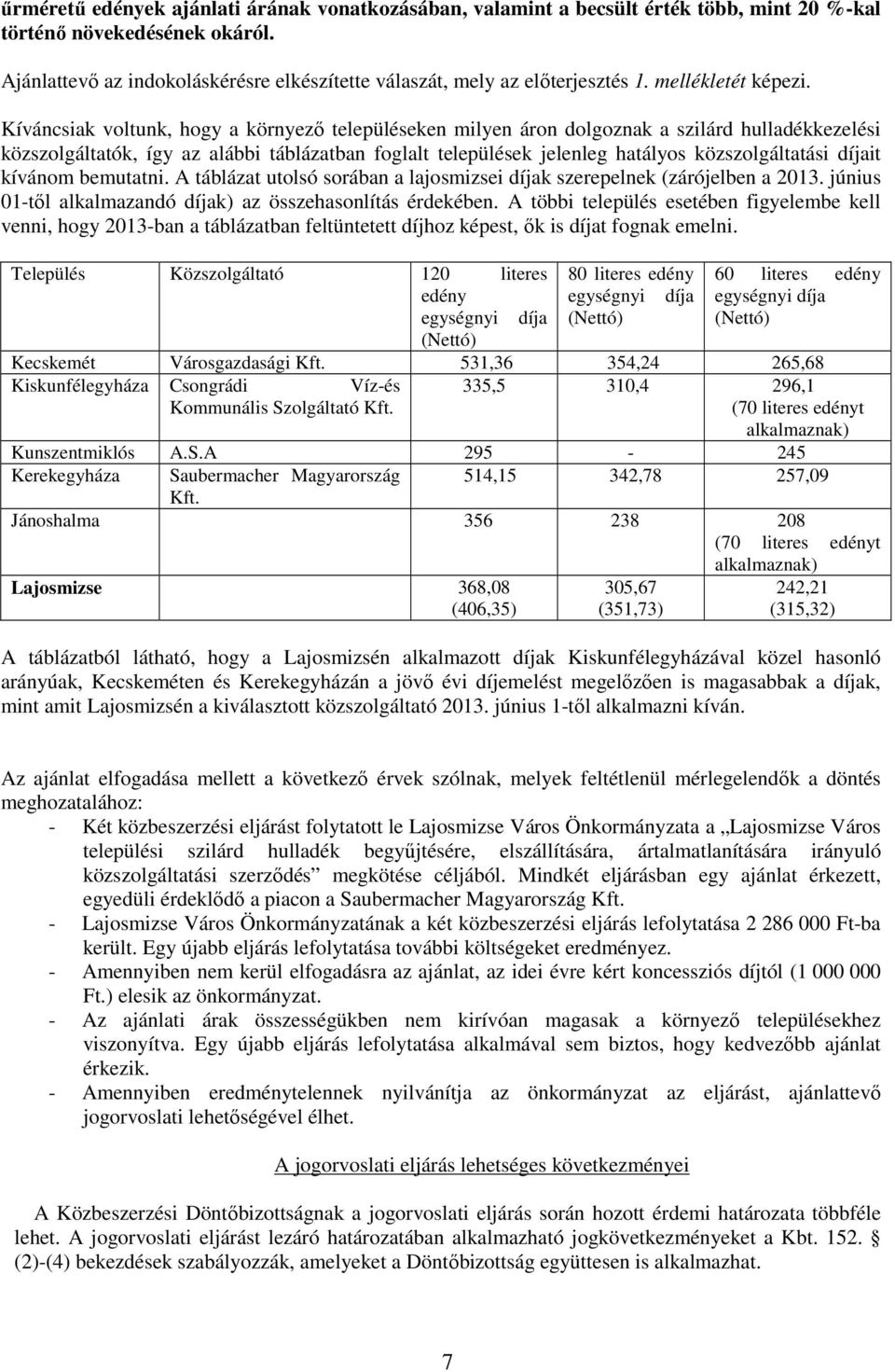 Kíváncsiak voltunk, hogy a környezı településeken milyen áron dolgoznak a szilárd hulladékkezelési közszolgáltatók, így az alábbi táblázatban foglalt települések jelenleg hatályos közszolgáltatási