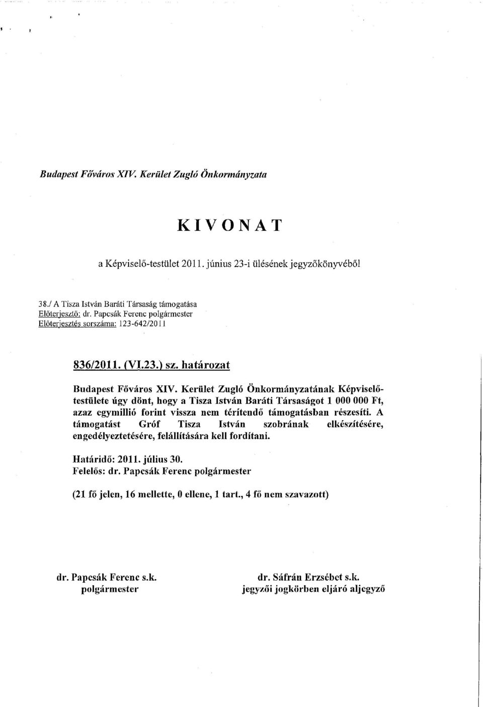 Kerület Zugló Önkormányzatának Képviselőtestülete úgy dönt, hogy a Tisza István Baráti Társaságot 1 000 000 Ft, azaz egymillió forint vissza nem térítendő támogatásban részesíti.