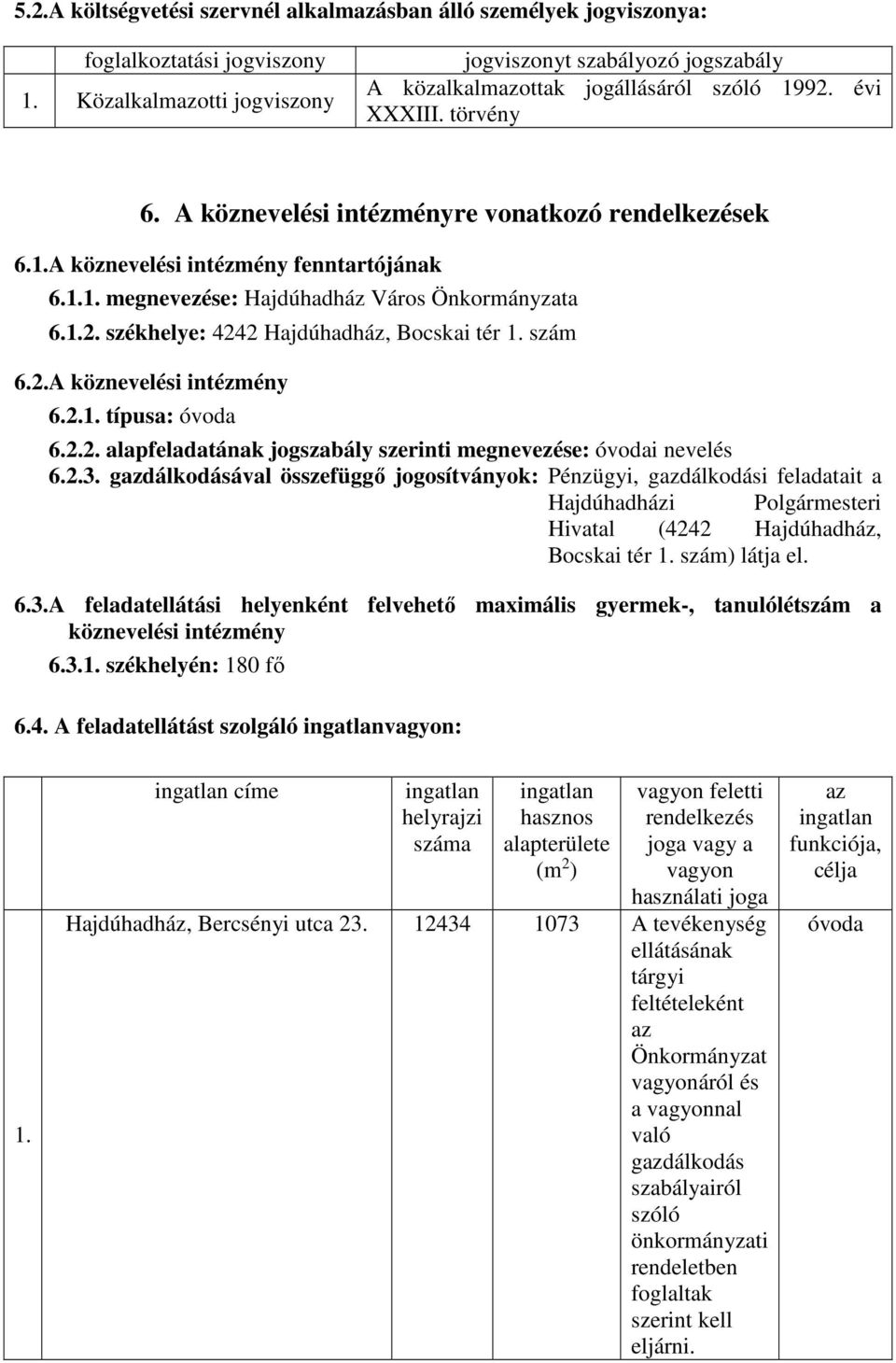 1.1. megnevezése: Hajdúhadház Város Önkormányzata 6.1.2. székhelye: 4242 Hajdúhadház, Bocskai tér 1. szám 6.2.A köznevelési intézmény 6.2.1. típusa: óvoda 6.2.2. alapfeladatának jogszabály szerinti megnevezése: óvodai nevelés 6.