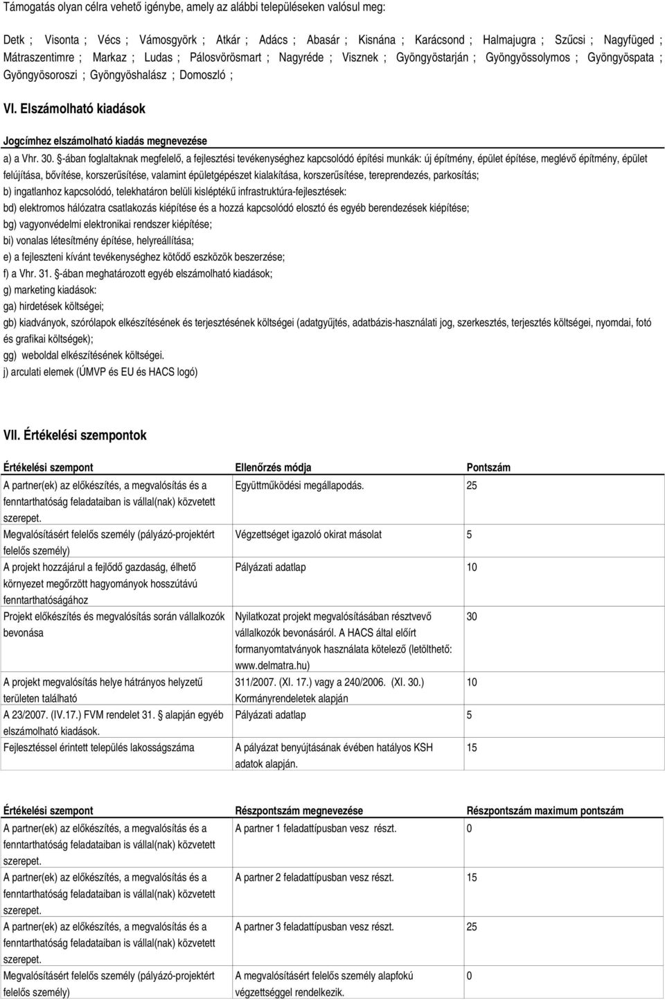 Elszámolható kiadások Jogcímhez elszámolható kiadás megnevezése a) a Vhr. 30.