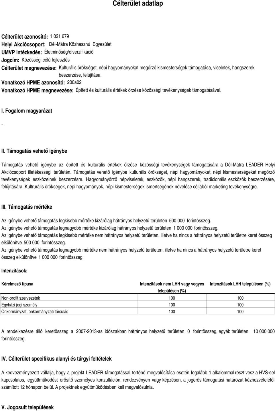 Vonatkozó HPME azonosító: 200a02 Vonatkozó HPME megnevezése: Épített és kulturális értékek őrzése közösségi tevékenységek támogatásával. I. Fogalom magyarázat - II.