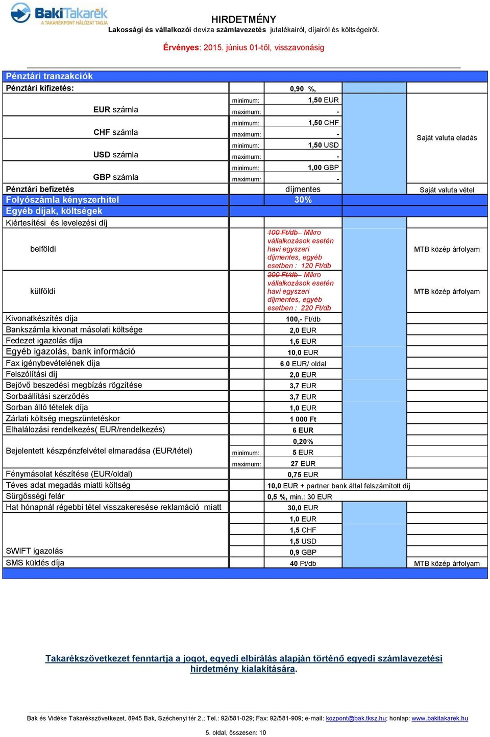 információ Fax igénybevételének díja Felszólítási díj Bejövő beszedési megbízás rögzítése Sorbaállítási szerződés Sorban álló tételek díja Zárlati költség megszüntetéskor Elhalálozási rendelkezés(