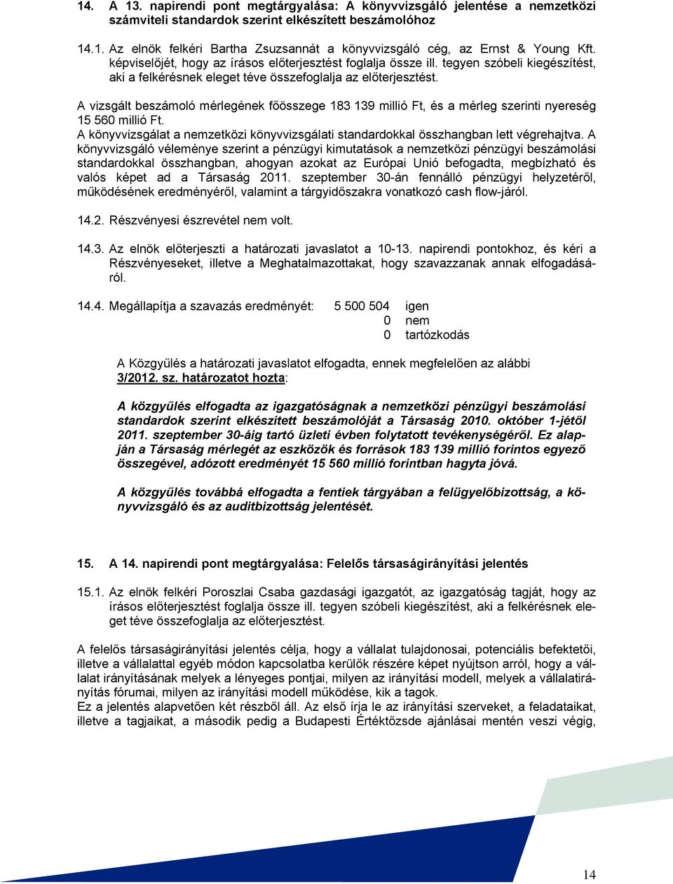 A vizsgált beszámoló mérlegének főösszege 183 139 millió Ft, és a mérleg szerinti nyereség 15 560 millió Ft. A könyvvizsgálat a nemzetközi könyvvizsgálati standardokkal összhangban lett végrehajtva.