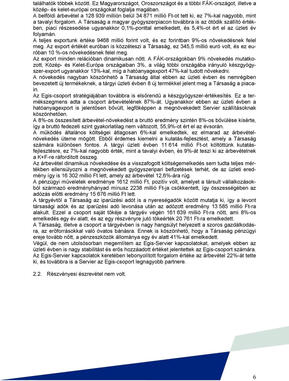 A Társaság a magyar gyógyszerpiacon továbbra is az ötödik szállító értékben, piaci részesedése ugyanakkor 0,1%-ponttal emelkedett, és 5,4%-ot ért el az üzleti év folyamán.