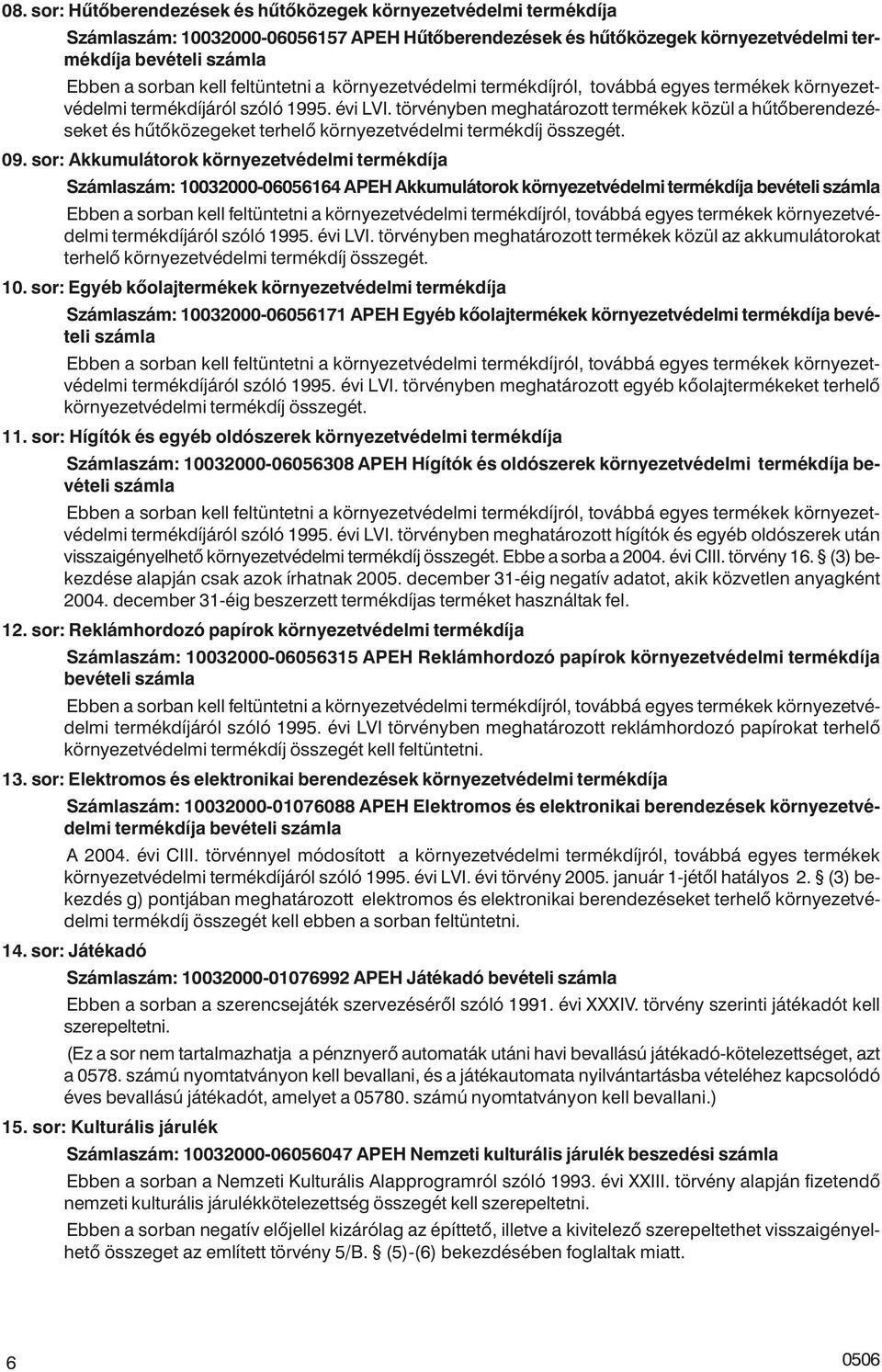 sor: Akkumulátorok környezetvédelmi termékdíja Számlaszám: 10032000-06056164 APEH Akkumulátorok környezetvédelmi termékdíja bevételi termékdíjáról szóló 1995. évi LVI.