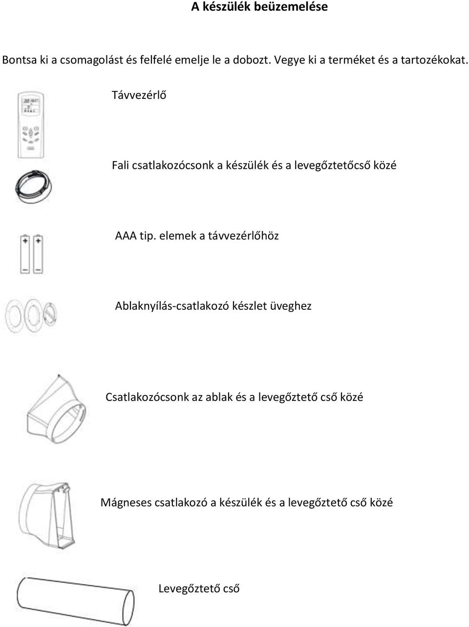 Távvezérlő Fali csatlakozócsonk a készülék és a levegőztetőcső közé AAA tip.