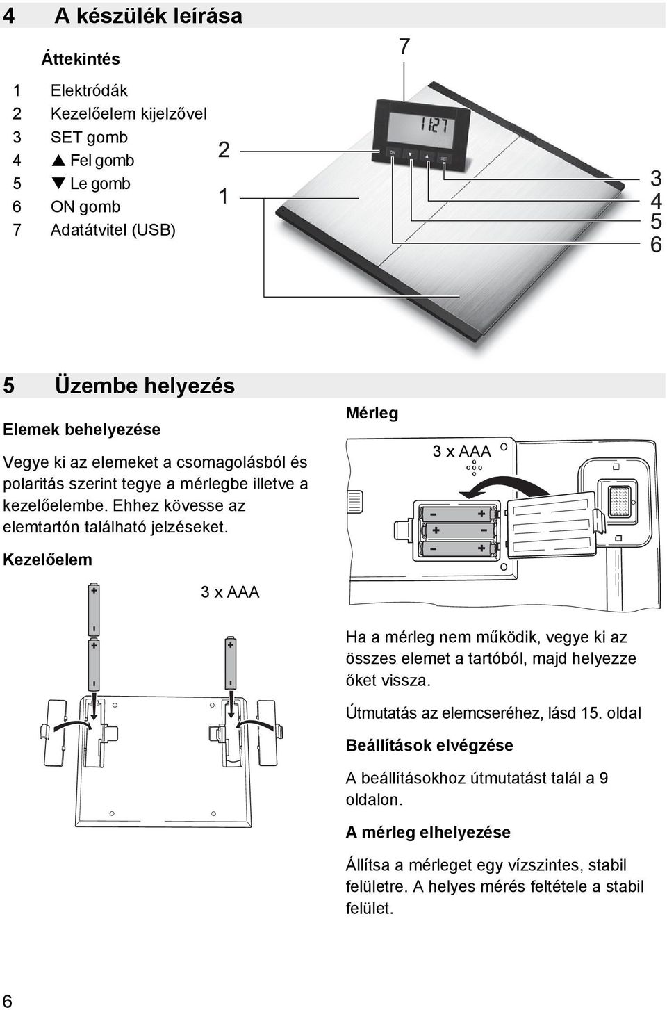 Kezelőelem 3 x AAA Mérleg 3 x AAA Ha a mérleg nem működik, vegye ki az összes elemet a tartóból, majd helyezze őket vissza. Útmutatás az elemcseréhez, lásd 15.