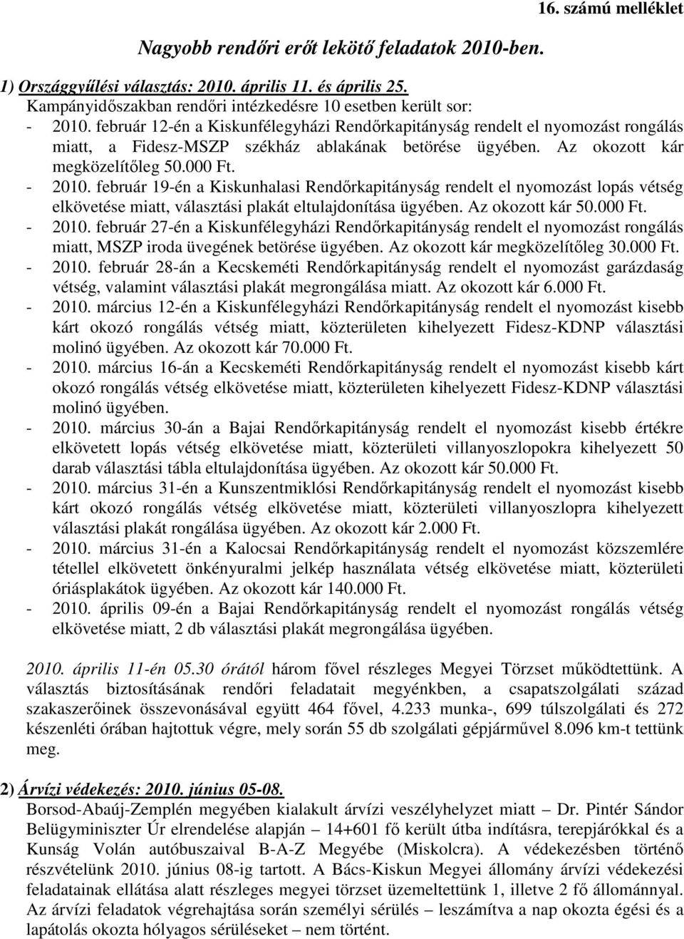 február 19-én a Kiskunhalasi Rendırkapitányság rendelt el nyomozást lopás vétség elkövetése miatt, választási plakát eltulajdonítása ügyében. Az okozott kár 50.000 Ft. - 2010.