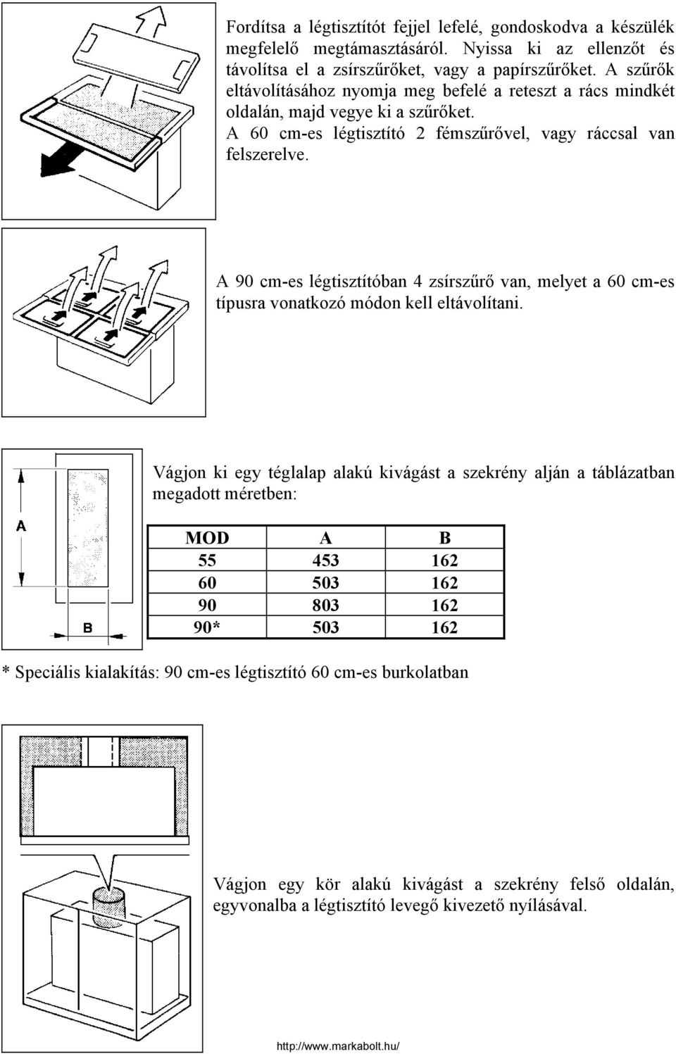 A 90 cm-es légtisztítóban 4 zsírszűrő van, melyet a 60 cm-es típusra vonatkozó módon kell eltávolítani.