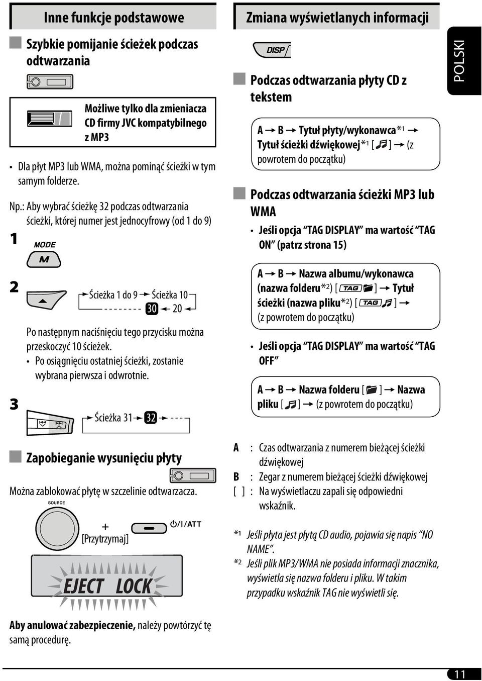 płyty/wykonawca * 1 = Tytuł ścieżki dźwiękowej * 1 [ ] = (z powrotem do początku) Podczas odtwarzania ścieżki MP3 lub WMA Jeśli opcja TAG DISPLAY ma wartość TAG ON (patrz strona 15) POLSKI 2 3 Po