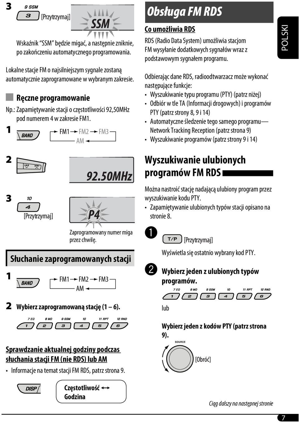 : Zapamiętywanie stacji o częstotliwości 92,50MHz pod numerem 4 w zakresie FM1.