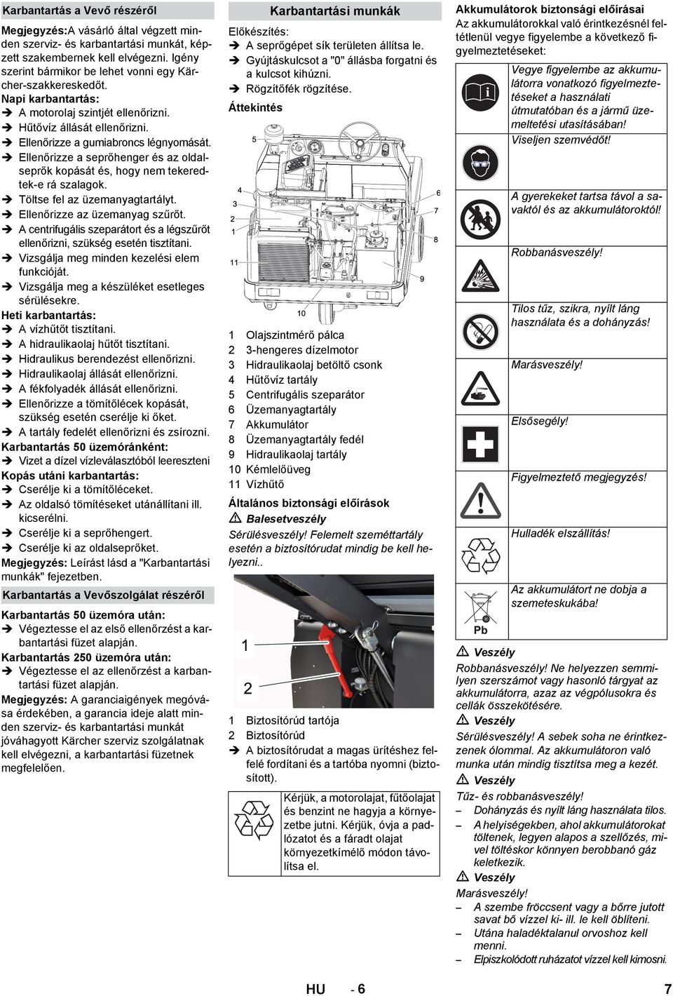 Ellenőrizze a seprőhenger és az oldalseprők kopását és, hogy nem tekeredtek-e rá szalagok. Töltse fel az üzemanyagtartályt. Ellenőrizze az üzemanyag szűrőt.