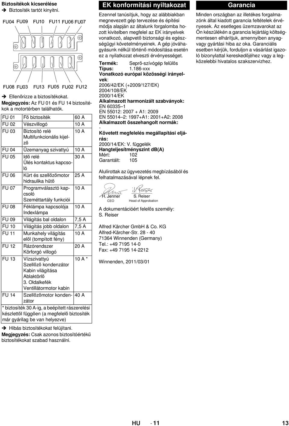szellőzőmotor 25 A hidraulika hűtő FU 07 Programválasztó kapcsoló 10 A Szeméttartály funkciói FU 08 Féklámpa kapcsolója 10 A Indexlámpa FU 09 Világítás bal oldalon 7,5 A FU 10 Világítás jobb oldalon