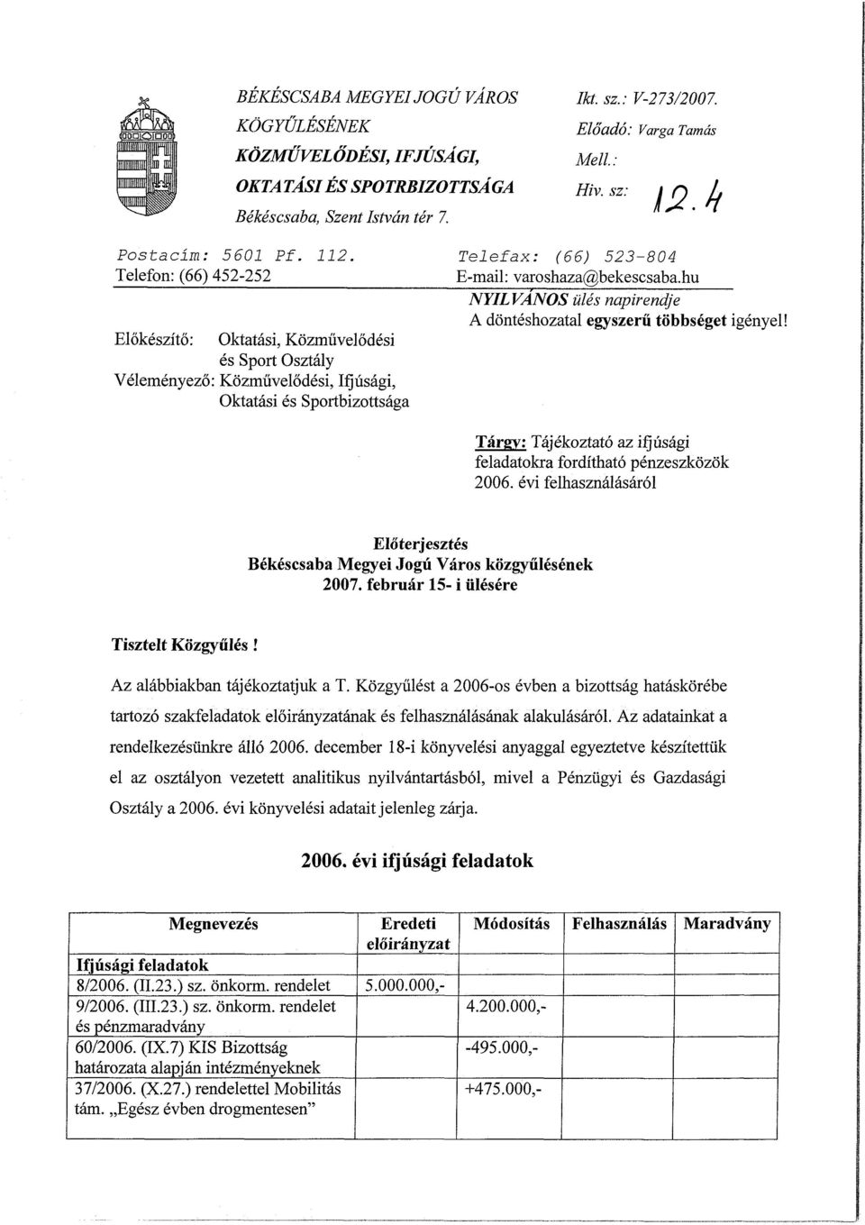 hu NYILVÁNOS ülés napirendje A döntéshozatal egyszerű többséget igényel! Tárgy: Tájékoztató az ifjúsági feladatokra fordítható pénzeszközök 2006.