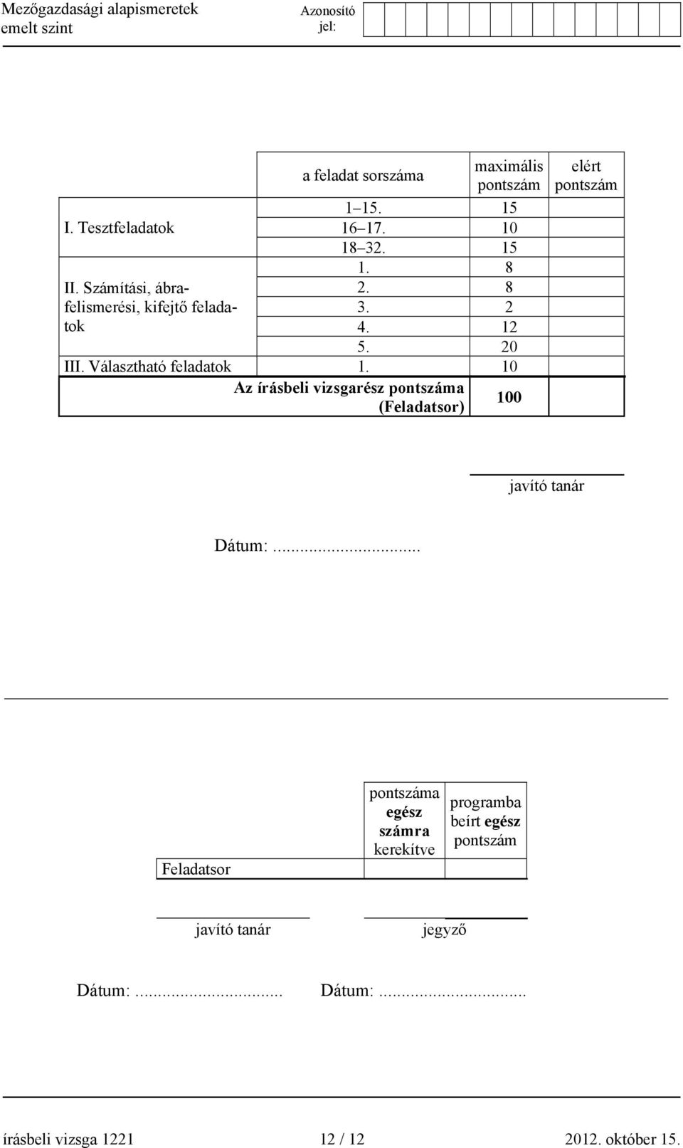 10 Az írásbeli vizsgarész pontszáma (Feladatsor) 100 elért pontszám javító tanár Dátum:.