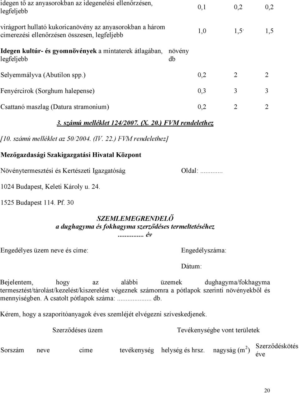 számú melléklet 124/2007. (X. 20.) FVM rendelethez [10. számú melléklet az 50/2004. (IV. 22.