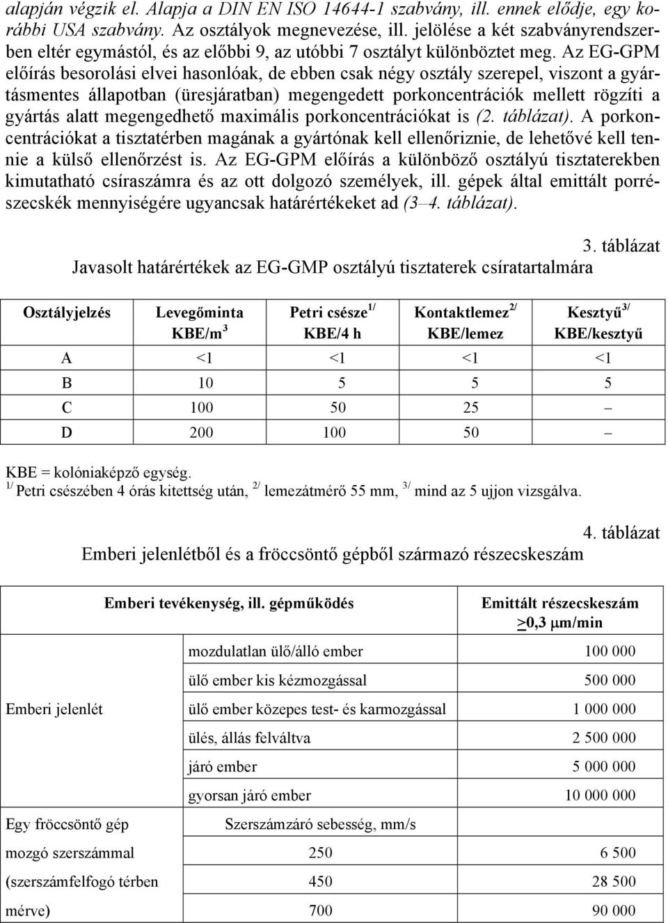 Az EG-GPM előírás besorolási elvei hasonlóak, de ebben csak négy osztály szerepel, viszont a gyártásmentes állapotban (üresjáratban) megengedett porkoncentrációk mellett rögzíti a gyártás alatt