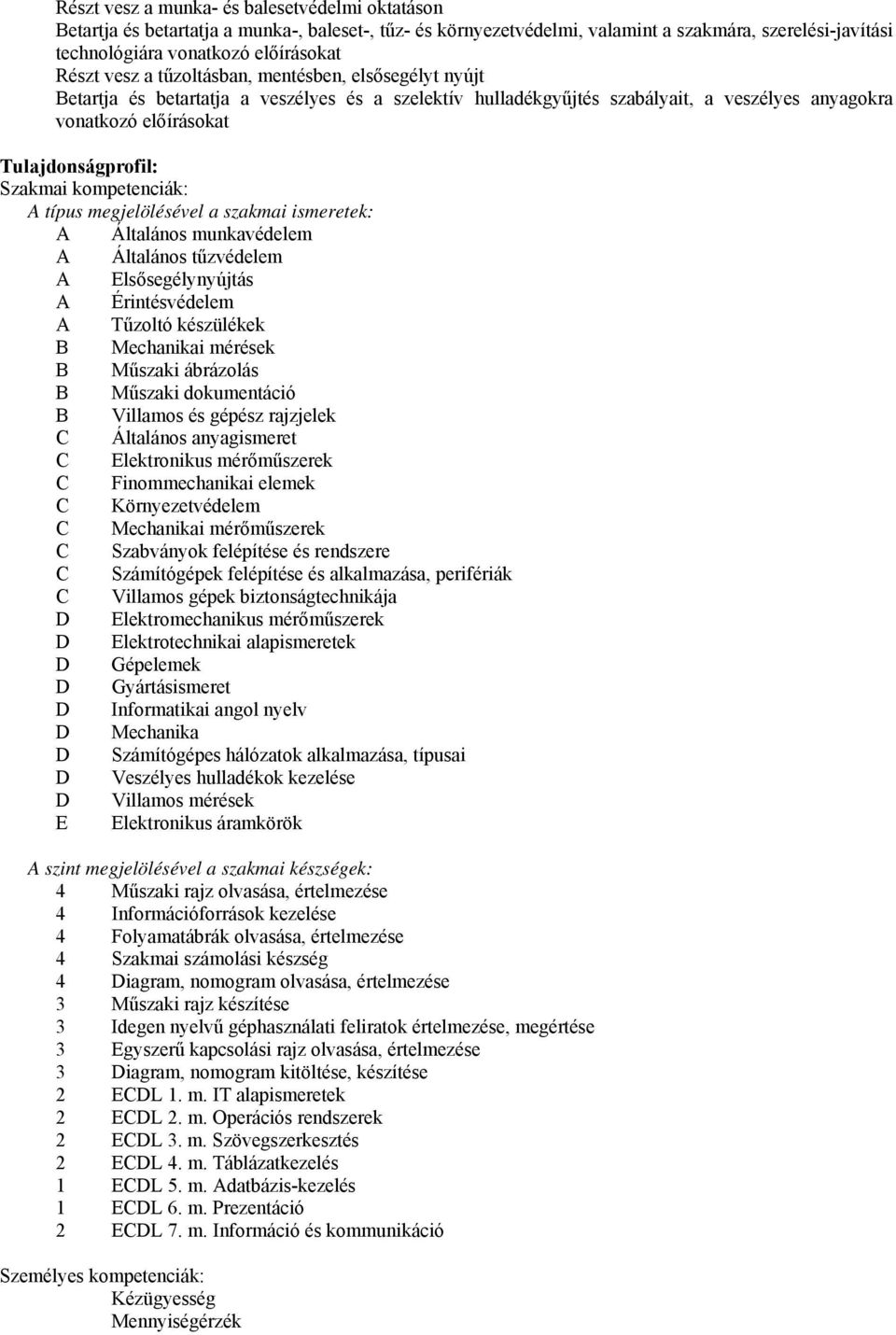 kompetenciák: A típus megjelölésével a szakmai ismeretek: A Általános munkavédelem A Általános tűzvédelem A Elsősegélynyújtás A Érintésvédelem A Tűzoltó készülékek B Mechanikai mérések B Műszaki