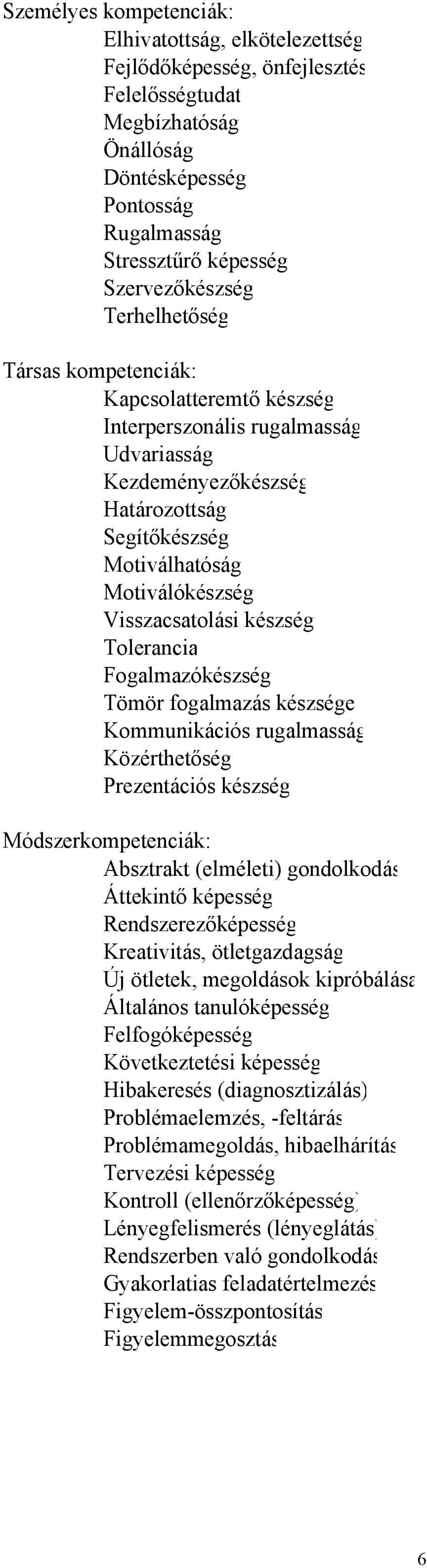 készség Tolerancia Fogalmazókészség Tömör fogalmazás készsége Kommunikációs rugalmasság Közérthetőség Prezentációs készség Módszerkompetenciák: Absztrakt (elméleti) gondolkodás Áttekintő képesség