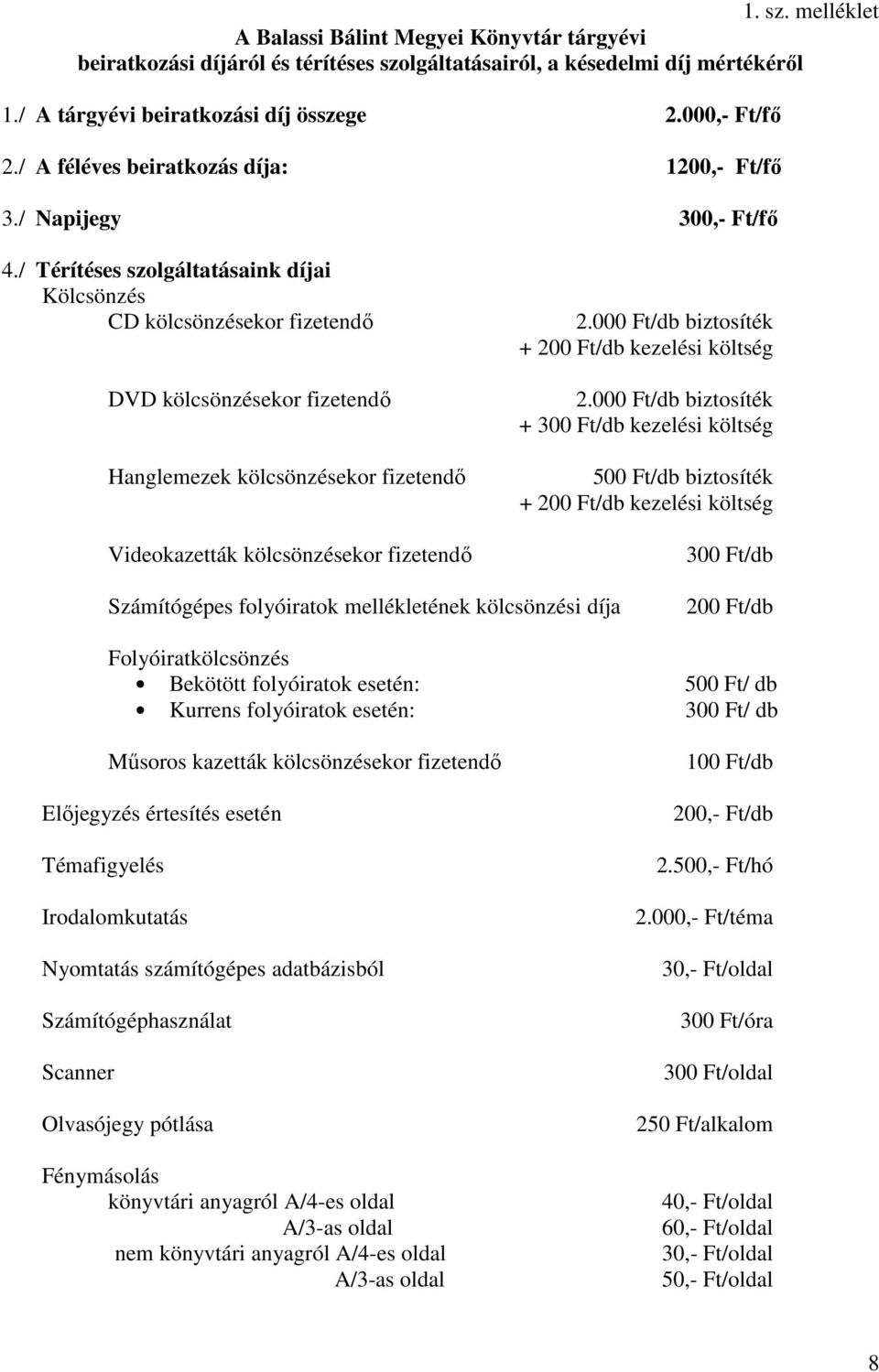/ Térítéses szolgáltatásaink díjai Kölcsönzés CD kölcsönzésekor fizetendı DVD kölcsönzésekor fizetendı Hanglemezek kölcsönzésekor fizetendı Videokazetták kölcsönzésekor fizetendı 2.