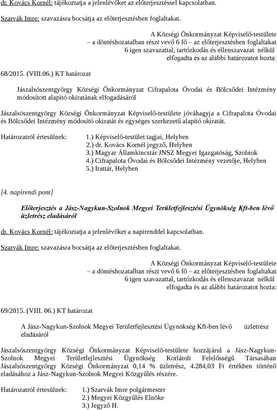 Jászalsószentgyörgy Községi Önkormányzat Képviselő-testülete jóváhagyja a Cifrapalota Óvodai és Bölcsődei Intézmény módosító okiratát és egységes szerkezetű alapító okiratát.