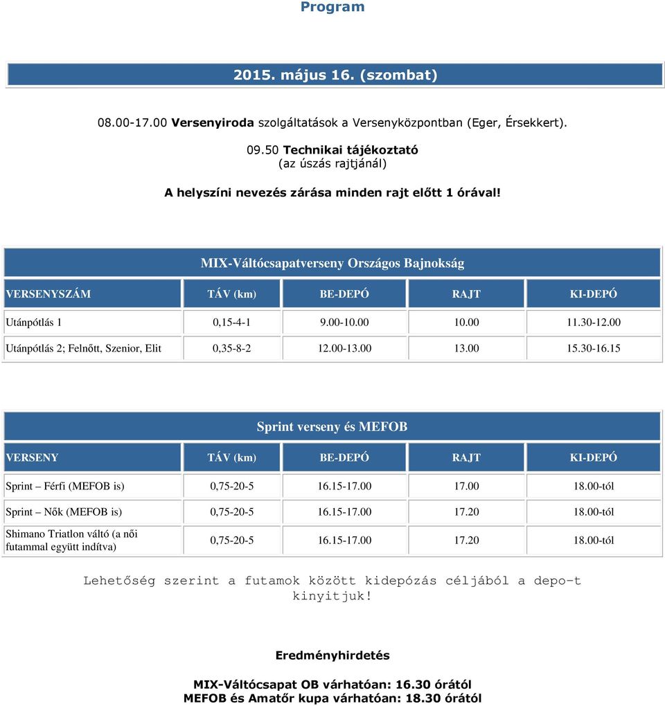 MIX-Váltócsapatverseny Országos Bajnokság VERSENYSZÁM TÁV (km) BE-DEPÓ RAJT KI-DEPÓ Utánpótlás 1 0,15-4-1 9.00-10.00 10.00 11.30-12.00 Utánpótlás 2; Felnőtt, Szenior, Elit 0,35-8-2 12.00-13.00 13.