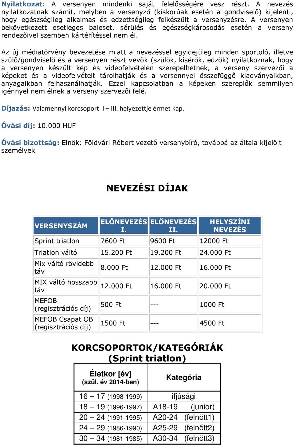 A versenyen bekövetkezett esetleges baleset, sérülés és egészségkárosodás esetén a verseny rendezőivel szemben kártérítéssel nem él.