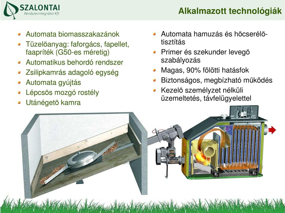 Utánégetı kamra Automata hamuzás és hıcserélıtisztítás Primer és szekunder levegı szabályozás Magas, 90%