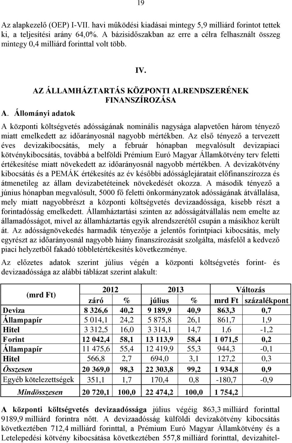 Állományi adatok A központi költségvetés adósságának nominális nagysága alapvetően három tényező miatt emelkedett az időarányosnál nagyobb mértékben.