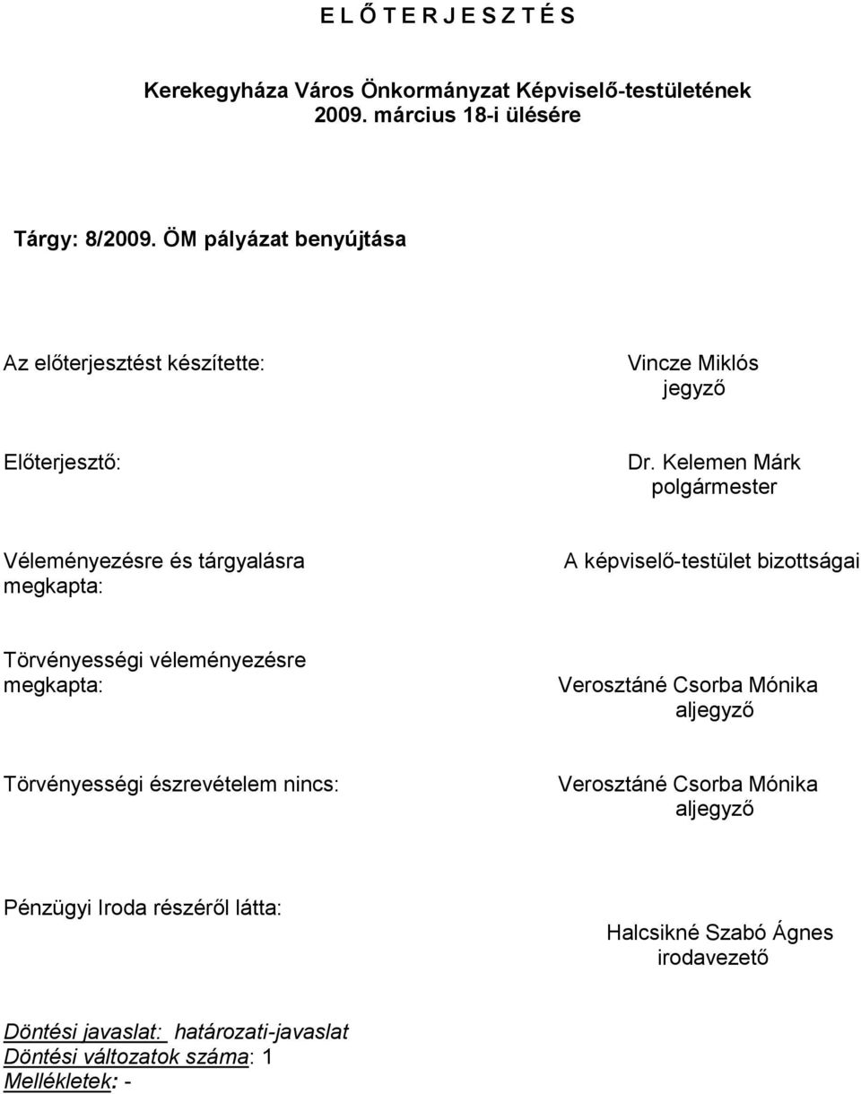 Kelemen Márk polgármester Véleményezésre és tárgyalásra megkapta: A képviselő-testület bizottságai Törvényességi véleményezésre megkapta: Verosztáné