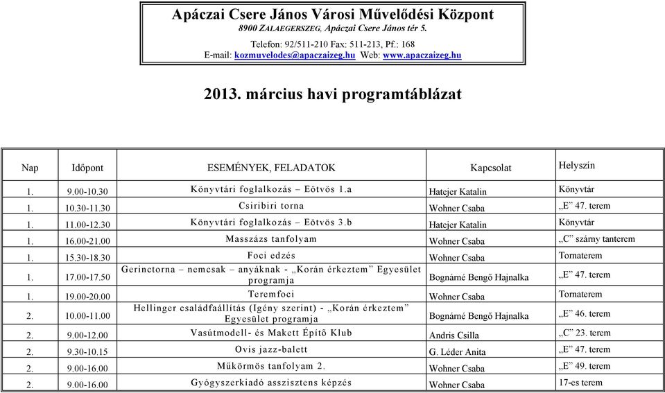 30 Csiribiri torna Wohner Csaba E 47. terem 1. 11.00-12.30 Könyvtári foglalkozás Eötvös 3.b Hatejer Katalin Könyvtár 1. 16.00-21.00 Masszázs tanfolyam Wohner Csaba C szárny tanterem 1. 15.30-18.