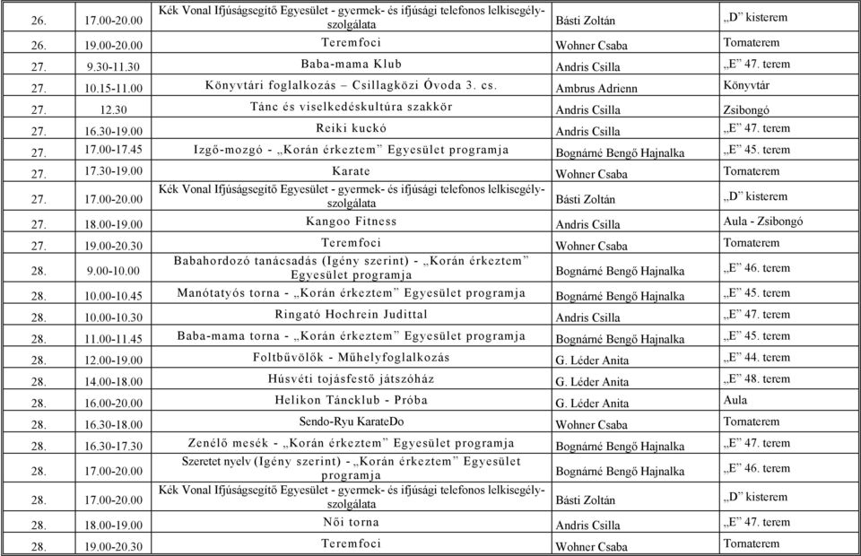 45 Izgő-mozgó - Korán érkeztem Egyesület programja Bognárné Bengő Hajnalka E 45. terem 27. 17.30-19.00 Karate Wohner Csaba Tornaterem 27. 17.00-20.00 27. 18.00-19.