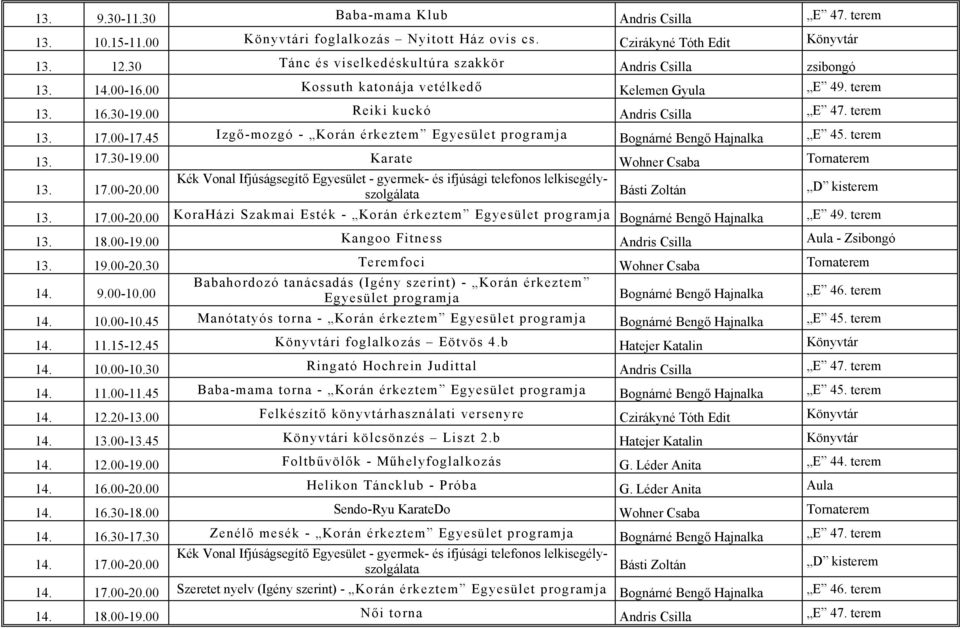 45 Izgő-mozgó - Korán érkeztem Egyesület programja Bognárné Bengő Hajnalka E 45. terem 13. 17.30-19.00 Karate Wohner Csaba Tornaterem 13. 17.00-20.