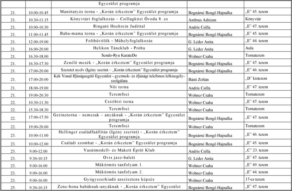 terem 21. 12.00-19.00 Foltbűvölők - Műhelyfoglalkozás G. Léder Anita E 44. terem 21. 16.00-20.00 Helikon Táncklub - Próba G. Léder Anita Aula 21. 16.30-18.