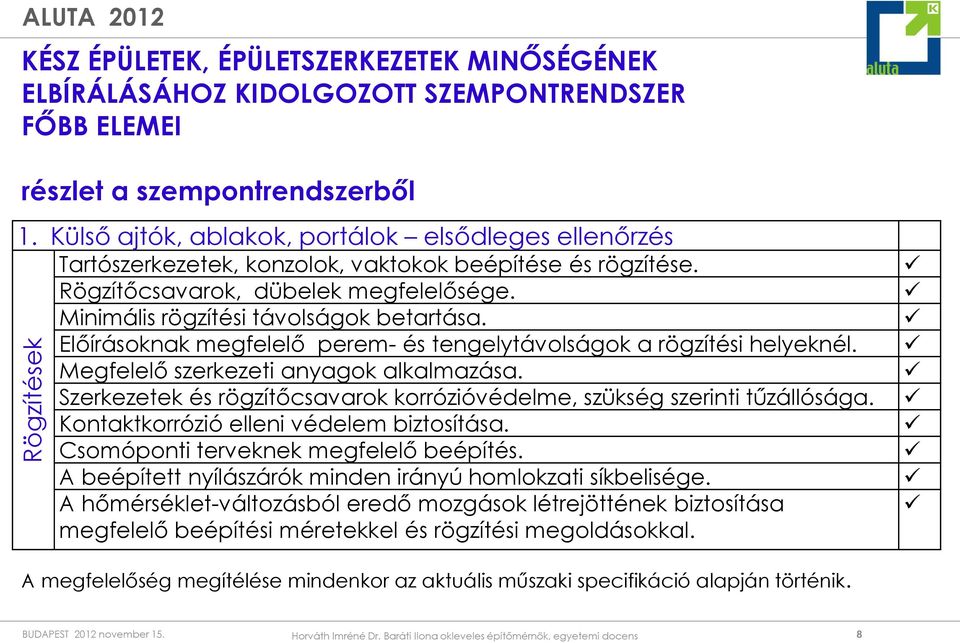 Előírásoknak megfelelő perem- és tengelytávolságok a rögzítési helyeknél. Megfelelő szerkezeti anyagok alkalmazása. Szerkezetek és rögzítőcsavarok korrózióvédelme, szükség szerinti tűzállósága.