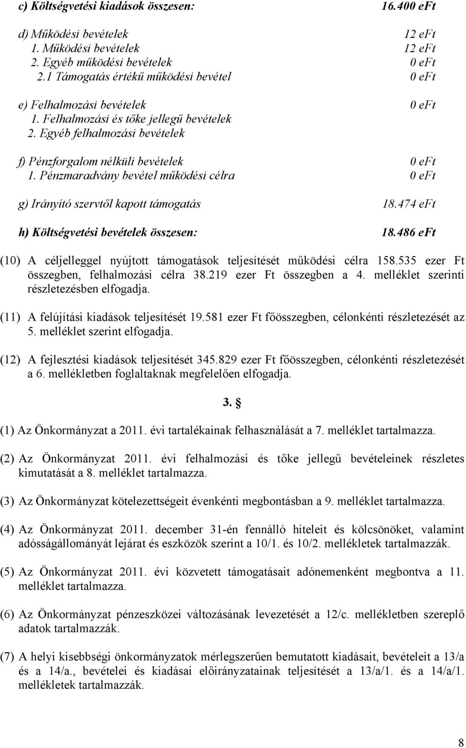 Pénzmaradvány bevétel működési célra 0 eft g) Irányító szervtől kapott támogatás 18.474 eft h) Költségvetési bevételek összesen: 18.